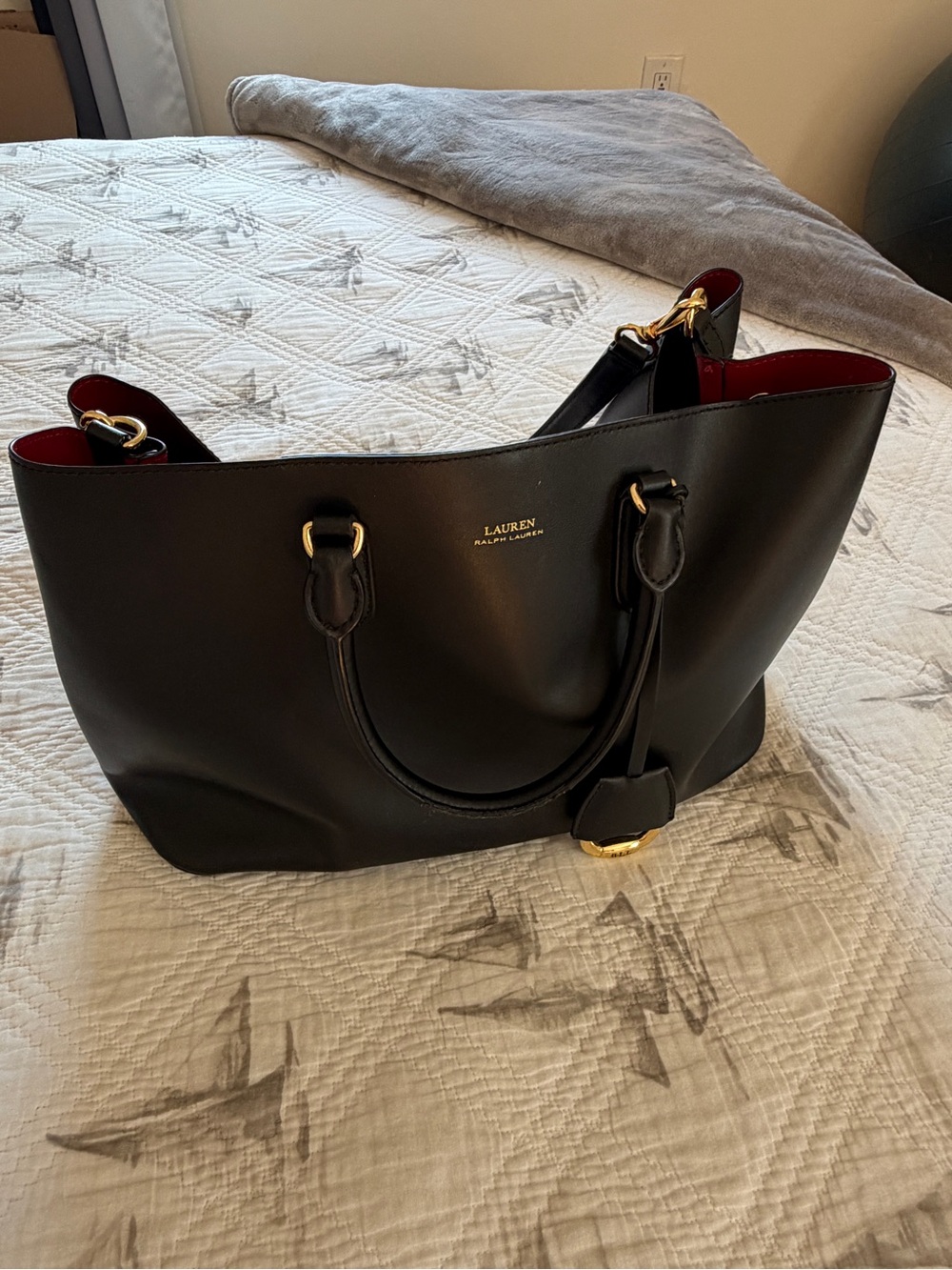 Lauren Ralph Lauren Black Tote with Red Interior and Gold Hardware